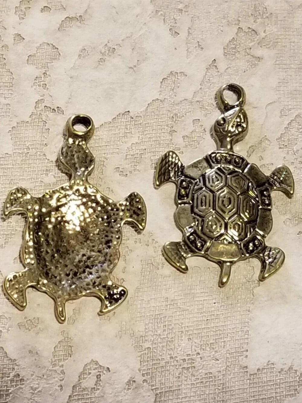 Carved Turtle Tortoise Pendant Antiqued Gold Plated Pewter 39x28mm